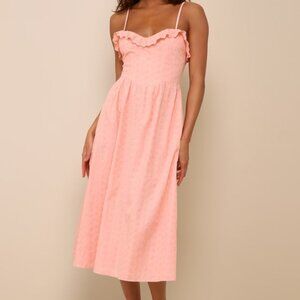 Lulus Lovely Weather Pink Embroidered Bustier Midi Dress With Pockets - Size M